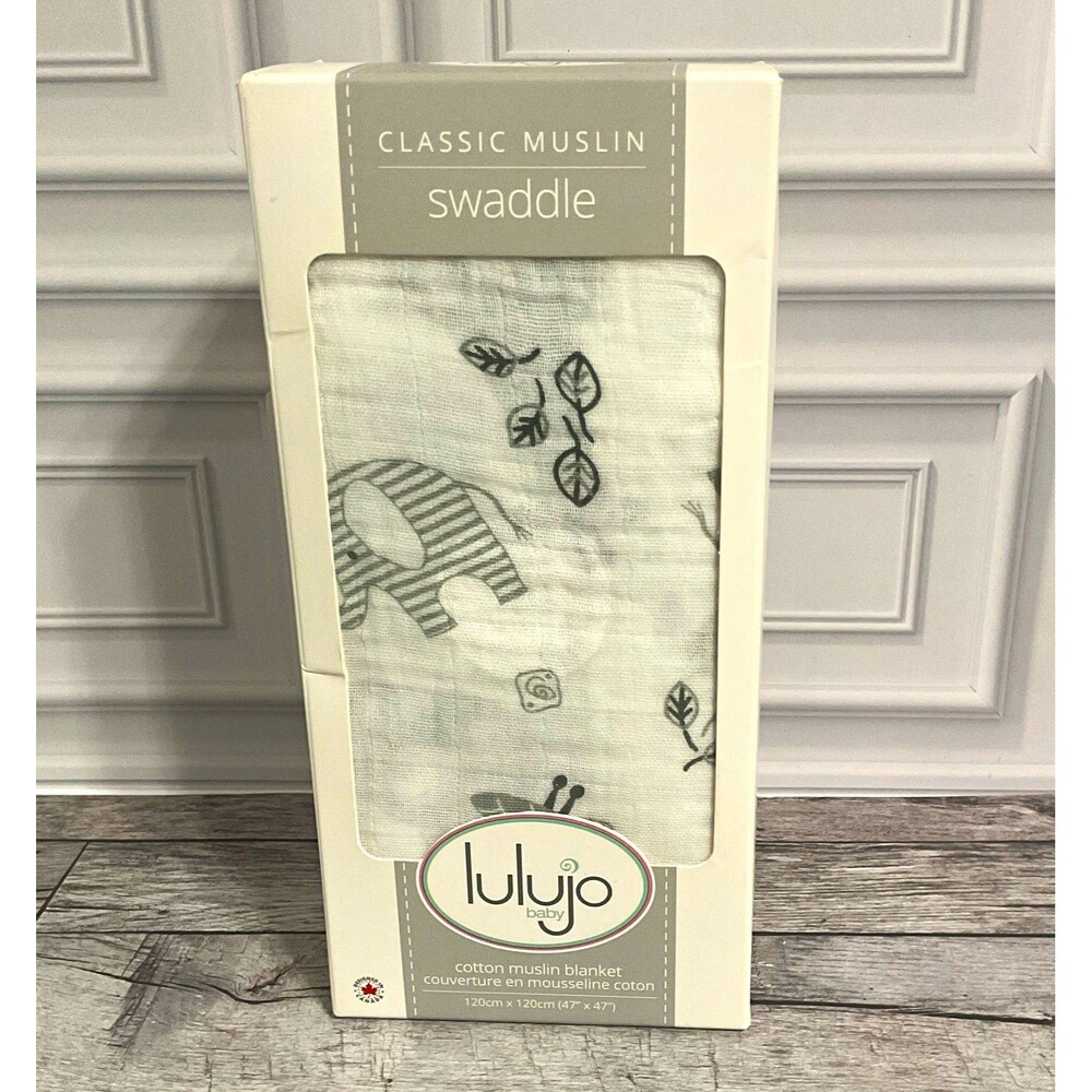 Lulujo Baby Classic Muslin Swaddle Cotton 47" x 47" Gray/White Elephant